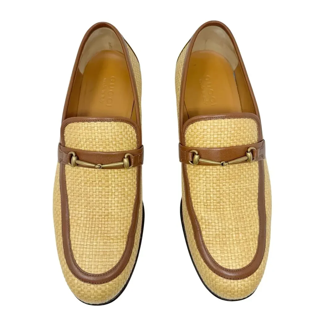 Gucci Horsebit Raffia Loafers Mens 10 Brown Leather Trim Italy